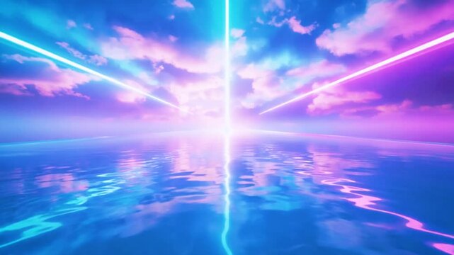 A perfect mirror pool rippling with quantum bit transmission, fractal cloud reflections above, entangled neon beams converging at center, surreal and cinematic, 4K ultra-detail