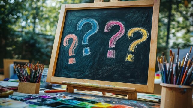 Colorful question marks on chalkboard, art supplies, outdoor setting, education concept - Powered by Adobe