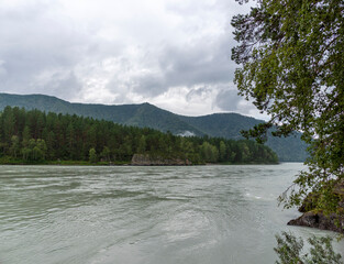Waves, spray and foam, river Katun in Altai mountains. Siberia, Russia