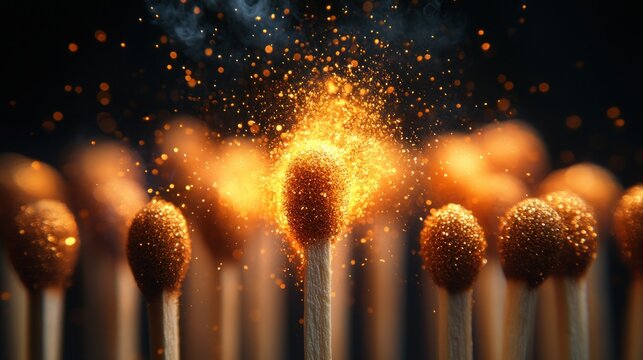Golden matches ignite in dark