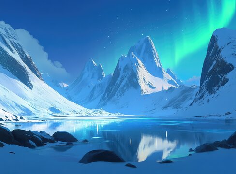 Serene winter landscape featuring snow-capped mountains reflected in a still lake, under an aurora borealis - Powered by Adobe