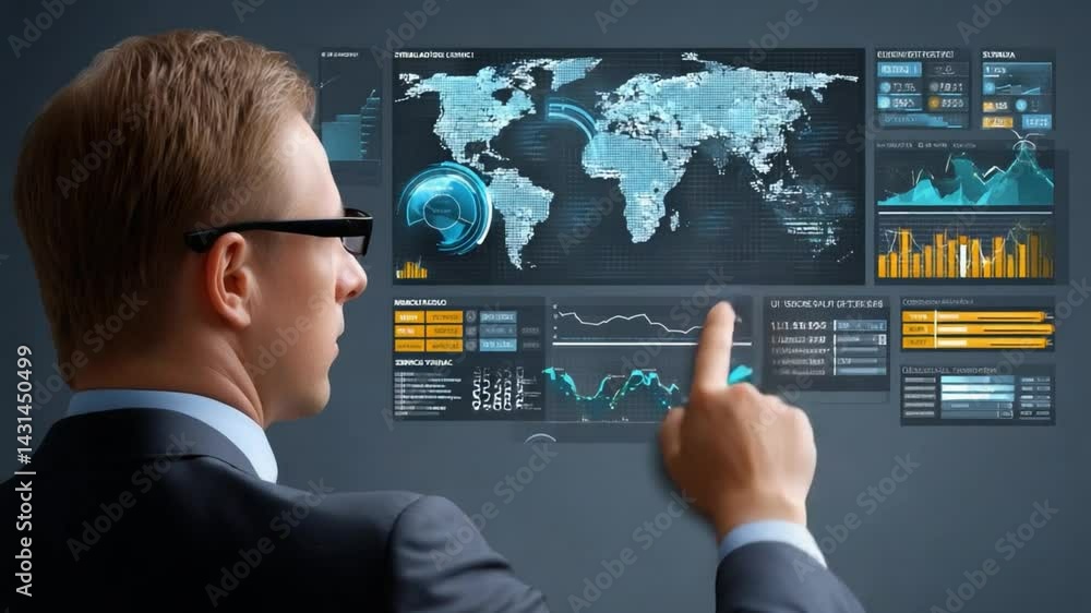 Poster focused vision: a forward-thinking professional delves into cutting-edge global data analysis, a vis