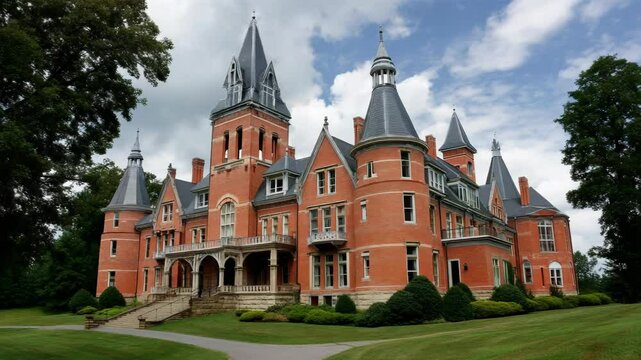 Grand old brick building exterior with towers, turrets, dormers, balconies, and sprawling lawns, showcasing elegant architecture under a blue, cloudy sky.