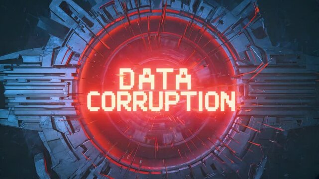 A neon-red number glitches inside a cybernetic core, with particles exploding into razor-thin wireframe lines. CRT screen artifacts and data corruption transitions
