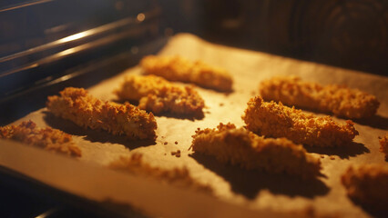 Baking chicken strips in the oven.