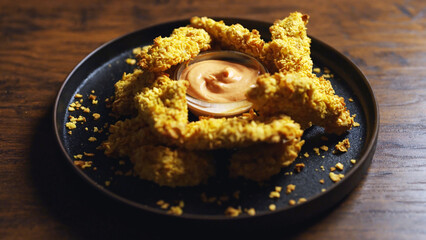 Crispy chicken strips with a golden crust.