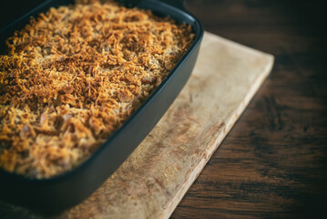 Baked Mac and Cheese in casserole dish.
