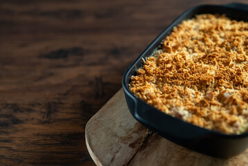 Baked Mac and Cheese in casserole dish.