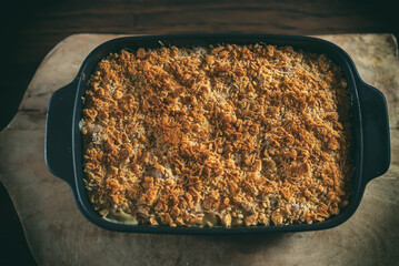 Baked Mac and Cheese in casserole dish.
