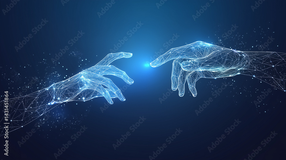 Poster two hands reaching out to each other with fingertips touching on a blue background. the connection b