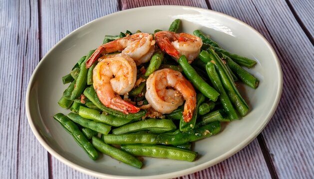 thai food stir fried twisted cluster bean with shrimp or stir fried sator beans with shrimp