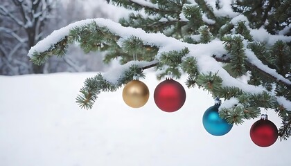Snow covered pine branch with christmas ornaments in a winter wonderland scene outdoors