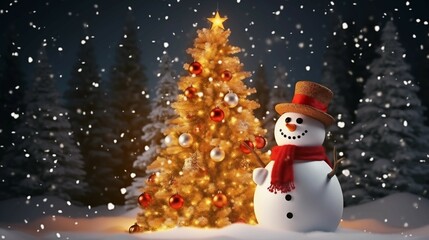 Fototapeta premium Christmas: Snowman standing beside glowing Christmas tree
