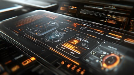 Fototapeta premium Close-up of a futuristic, sleek technological interface with glowing orange details. Displays data, schematics, and a user interface, suggesting advanced technology and digital design.