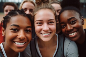 Fototapeta premium Portrait of a young female basketball players smiling and posing for a team photo on the basketball court