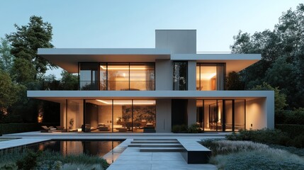 Fototapeta premium Modern Luxury Villa at Dusk: Architectural Masterpiece with Pool and Lush Landscaping