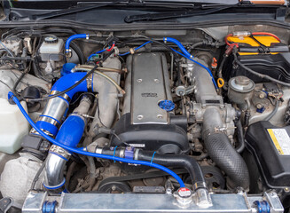 Close up detail of tuned car engine