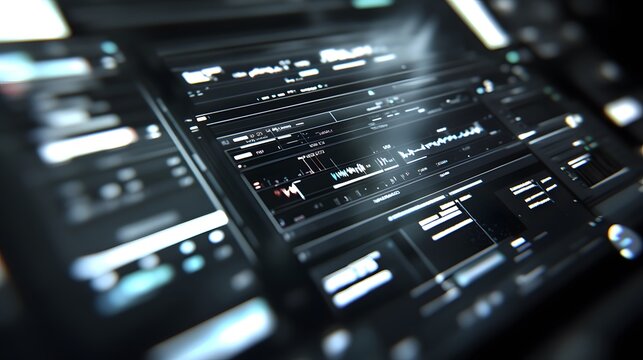 Close-up of a futuristic digital interface with glowing lines and data streams.  Complex dashboards display various metrics and waveforms, suggesting advanced technology or monitoring system. - Powered by Adobe