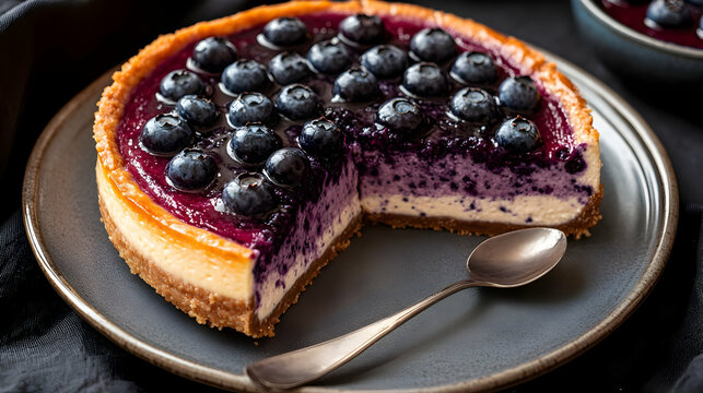 Delicious blueberry cheesecake served on a plate with a spoon, dessert time