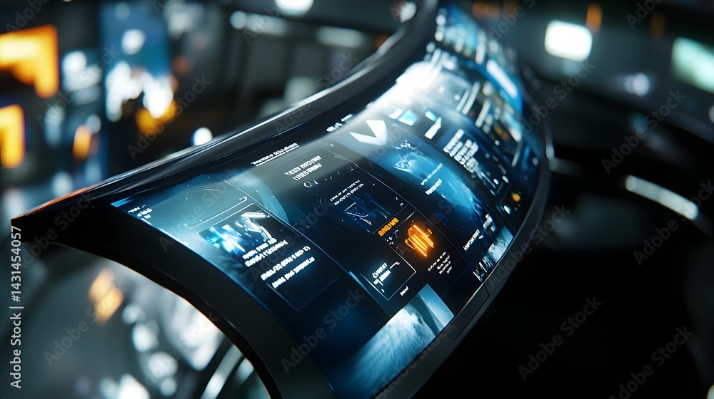 Poster close-up of a futuristic curved display screen showcasing a high-tech interface with various data vi