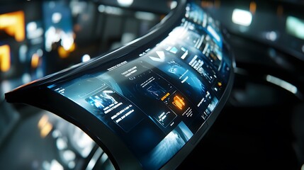 Close-up of a futuristic curved display screen showcasing a high-tech interface with various data visualizations and digital information.