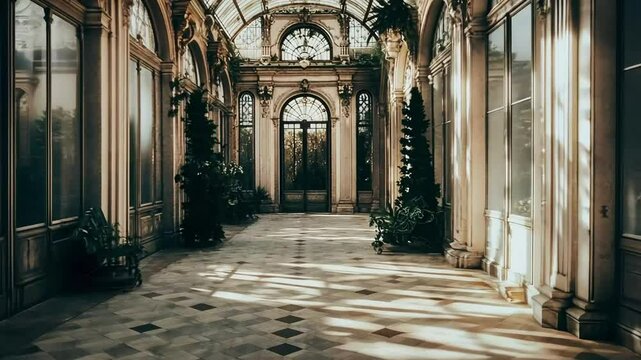 Sunlit Palace Conservatory Walkway; Plants, Outdoors