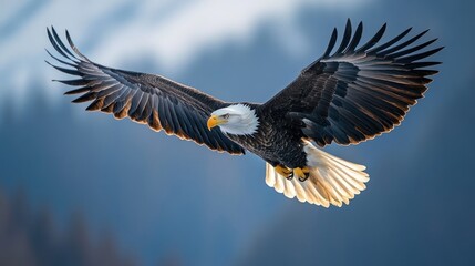 Fototapeta premium Majestic Bald Eagle in Flight: A Serene Wildlife Photograph