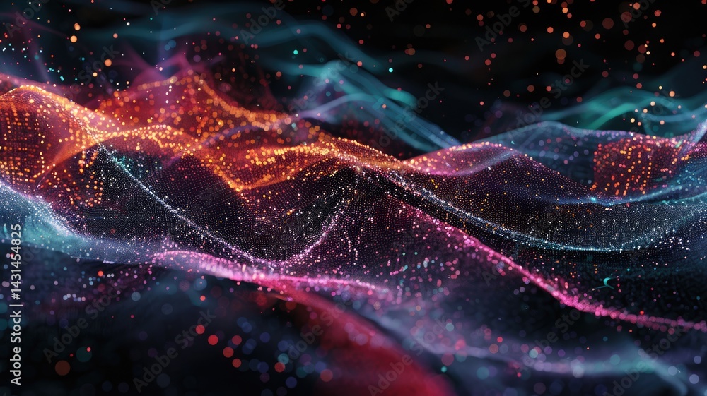 Poster wonderful picture of colorful light sparkling particles scattered across space background, create ab