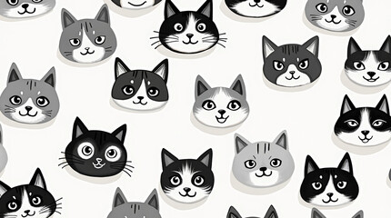 Fototapeta premium Adorable cat faces in shades of black and gray on a seamless white background. Perfect for childrens products, fabric, pet branding, or digital design use