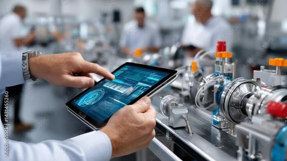 Poster modern technological mastery: a close-up shot of a hand using a tablet with sophisticated, data-driv