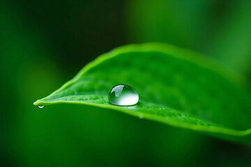 Macro Photo of Fresh Green Leaf with Single Clear Water Droplet on Tip &ndash; Natural Light, Soft Bokeh Background, Ideal for Eco-Friendly Visuals, Wellness Branding, and Nature Photography