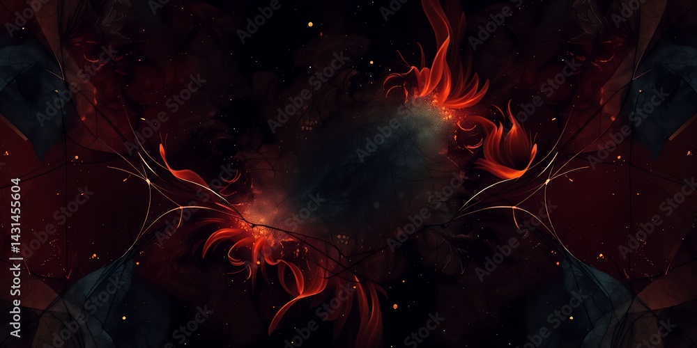 Poster abstract dark background with red fiery swirls and glowing particles in symmetrical design