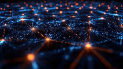 Obraz premium Abstract Digital Network Visualization With Blue And Orange Light Points And Lines