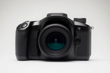 Black digital camera with lens cap positioned on a neutral background, showcasing a sleek design and camera features