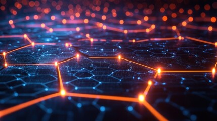 Abstract Digital Network Depicting Data Connections Lines and Hexagonal Grid Structure in Blue and Orange Tones