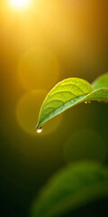 Fototapeta premium Macro Photo of Fresh Green Leaf with Single Clear Water Droplet on Tip – Natural Light, Soft Bokeh Background, Ideal for Eco-Friendly Visuals, Wellness Branding, and Nature Photography