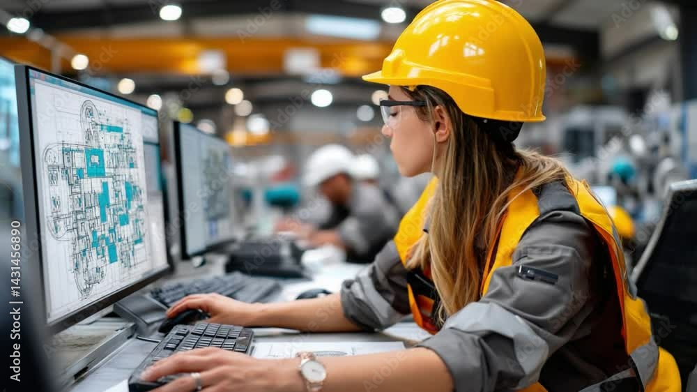 Poster engineering vision: a focused engineer, immersed in the design process, diligently works on a comput