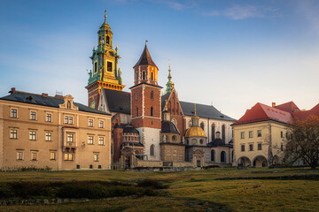 Soft lighted Wawel Castle at spring sunrise, Krakow, Poland
