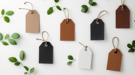 Flatlay of ecofriendly clothing tags with organic and recycled material labels, ethical fashion branding