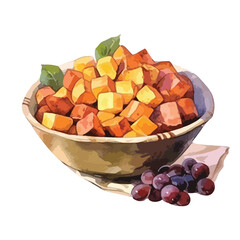 bowl of sweet potatoesfor Thanksgiving cute watercolors illustration on white background