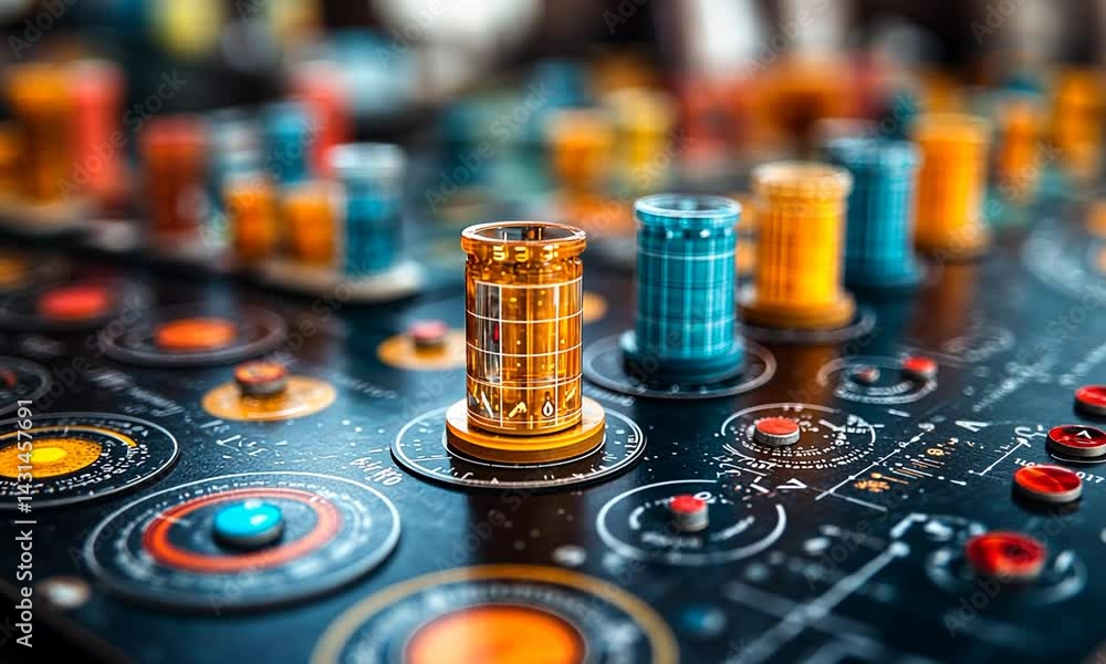 Poster close-up of a vintage control panel with colorful dials and tubes in a retro-futuristic setting