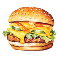 cheeseburger with pickles and ketchup cute watercolors illustration on white background
