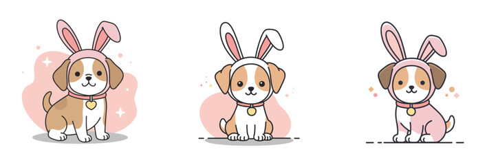 Fototapeta premium Puppy with Bunny Ears Costume. Set of three pictures on white background, adorable pet and festive dressing concept