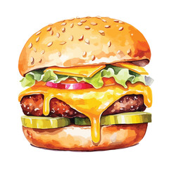 cheeseburger with pickles and ketchup cute watercolors illustration on white background