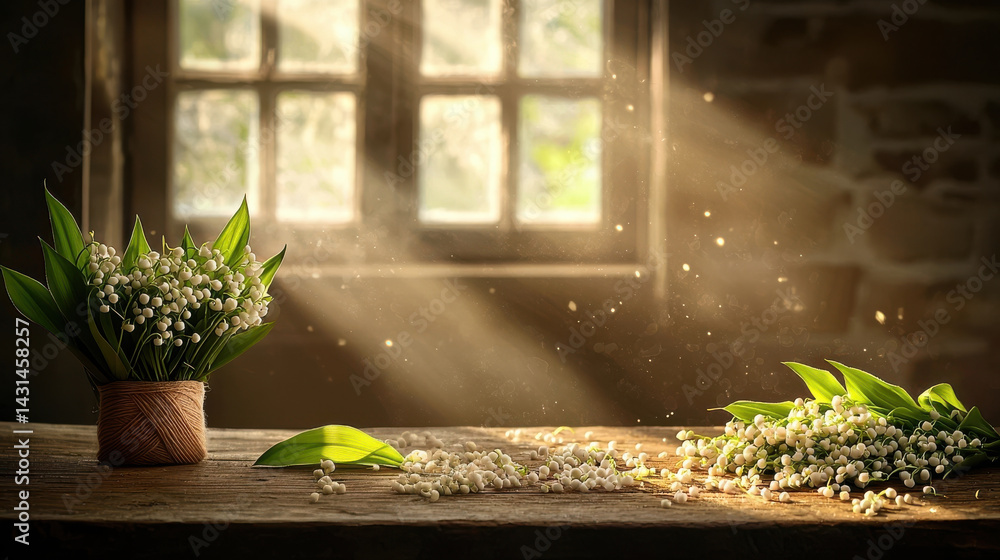 Poster delicate flowers in sunlight create serene atmosphere in rustic setting