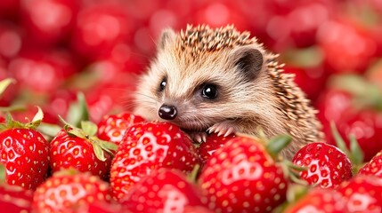 A small hedgehog sits amongst a bed of ripe strawberries