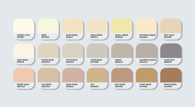 Beige Color Guide Palette with color Names. Catalog Samples of Beige with RGB HEX codes and Names. Plastic light cream Color Palette, Fashion Trend Pantone Light Beige Color Palette, white skin tones