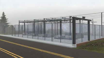 Obraz premium Modern power substation with security fencing, surrounded by trees and power lines on a foggy day