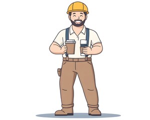 Obraz premium A smiling construction worker wearing a hard hat and overalls holds two cups of coffee
