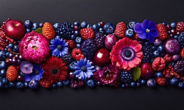 Dark background, vibrant berries, flowers arranged; food blog, recipe, healthy eating